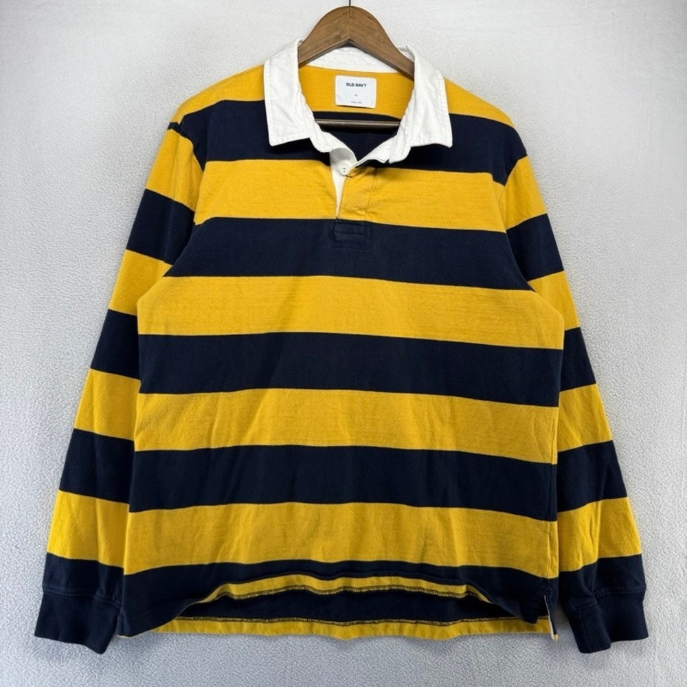Old Navy Rugby Shirt Mens XL Yellow Blue Striped Long Sleeve Cotton Michigan